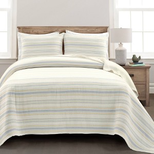 3pc King Solange Stripe Kantha Pick Stitch Yarn Dyed Woven Quilt/Coverlet Set Yellow/Gray - Lush Décor - 1 of 4