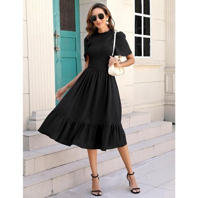 Whizmax Women's 2024 Summer Casual Short Sleeve Smocked Ruffle Midi Dress  Crewneck High Waist Flowy Dress Black L : Target