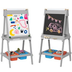 BABYYER Kids Art Easel, Double Sided Drawing Board Whiteboard & Chalkboard with Paper Roll, Painting Paper Stand and 2 Storage Boxes for 3-8 Years - 1 of 4