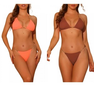 Elerevyo Women's Chain Halter Ribbed Lace Up Tie Back Triangle Bottoms Swimwear Bathing Suits 2 Sets - 1 of 4