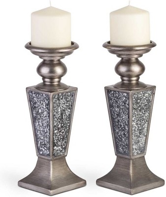 Silver Crackled Mosaic Polyresin Candlestick Set
