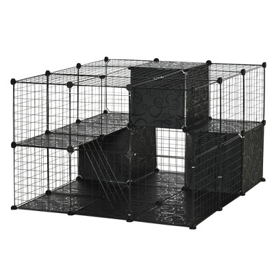 Black Metal Multi-Level Cat Playpen with Ramps and Storage