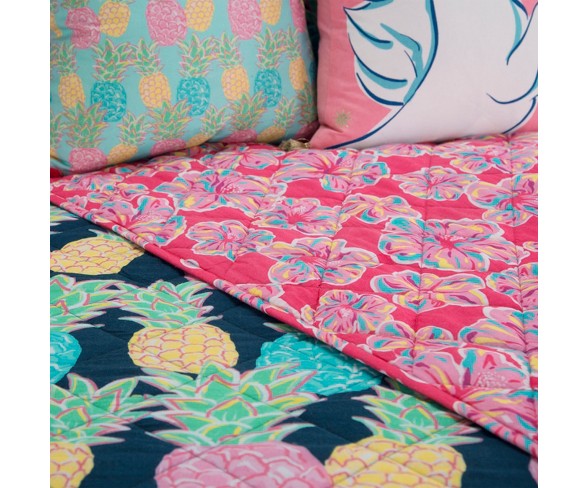 Twin XL Pineapple/Flowers Quilt Set Navy & Pink - Simply Southern