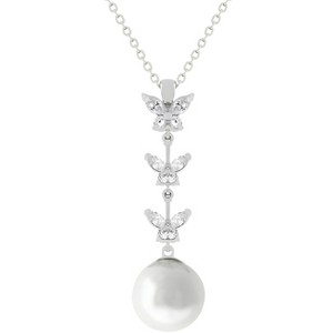 Slickblue Delicate Butterfly Pearl Pendant with Marquise CZ Wings, Rhodium-Plated, 16" Chain - 1 of 3