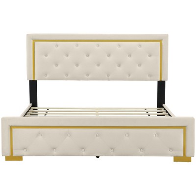 HomeRoots Beige Tufted Velvet Upholstered Queen Bed Frame