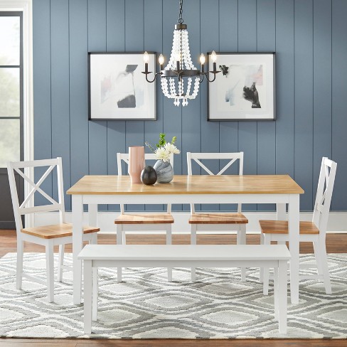 6pc Virginia Dining Set With Bench, Farmhouse Style Dining Table Set With Bench