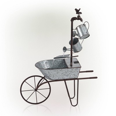 36" Silver Metal Wheelbarrow and Watering Can Fountain