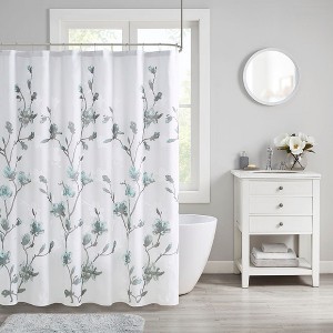 VYNXARIA 72*72" Floral Printed Burnout Shower Curtain,White and Blue - 1 of 4