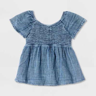 Cat & Jack Girls' Short Sleeve Smocked Bodice Woven Top - Cat & Jack™ Indigo S — фото 2