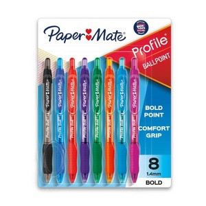 Paper Mate Profile 8pk Ballpoint Pens 1.4mm Bold Tip Multicolored: Colorful, Quick Drying, Retractable, Contoured Grip - 1 of 4