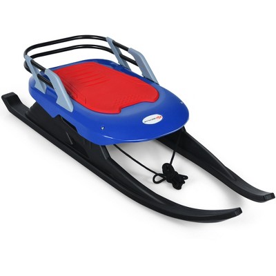 Costway Folding Kids Metal Snow Sled Frost-Resistant Pull Rope Snow Slider Leather Seat