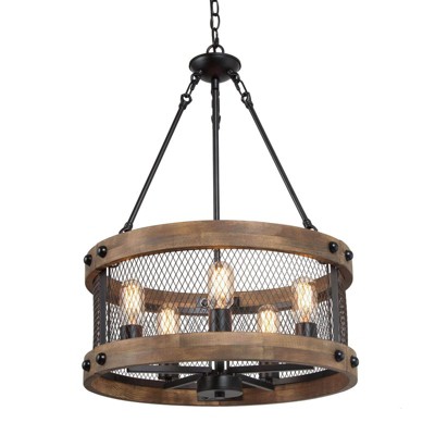 LNC Martin 5-Light 19" Farmhouse Drum Small Chandelier, Matte Black and Distressed Brown Wood