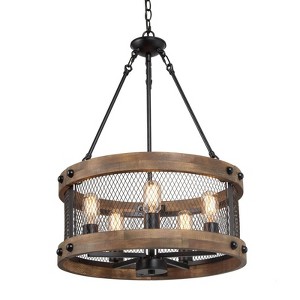 LNC Martin 5-Light 19" Farmhouse Drum Small Chandelier, Matte Black and Distressed Brown Wood - 1 of 4