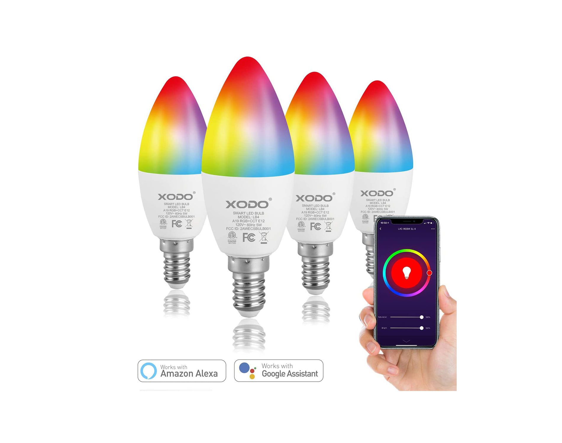 XODO Smart WiFi Light Bulb, C37 E12 Dimmable Candelabra Light Bulb – 5W (30W Equivalent) LED, LB4-4PK