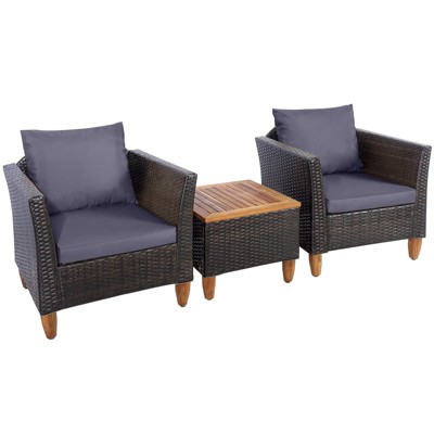 Tangkula 3 Pieces Outdoor Rattan Furniture Set Wicker Bistro Set Wooden Table Top with Cushions