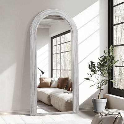 Wooakway Solid Wood Accent Wall Mirror Arched Full Length Mirror Rustic Leaning Mirror for Living Room Bedroom Entryway Charcoal/Weathered White