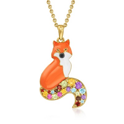 Ross-Simons 0.68 ct. t.w. Multi-Gemstone and Multicolored Enamel Fox Pendant Necklace in 18kt Gold Over Sterling Size 18