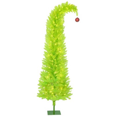 HOMCOM Bent Top Whimsical Christmas Tree with Red Ball, Prelit Pencil Artificial Xmas Tree with LED Lights, Metal Base, Easy Assembly, Green