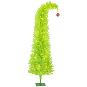 HOMCOM Bent Top Whimsical Christmas Tree with Red Ball, Prelit Pencil Artificial Xmas Tree with LED Lights, Metal Base, Easy Assembly, Green - 1 of 4