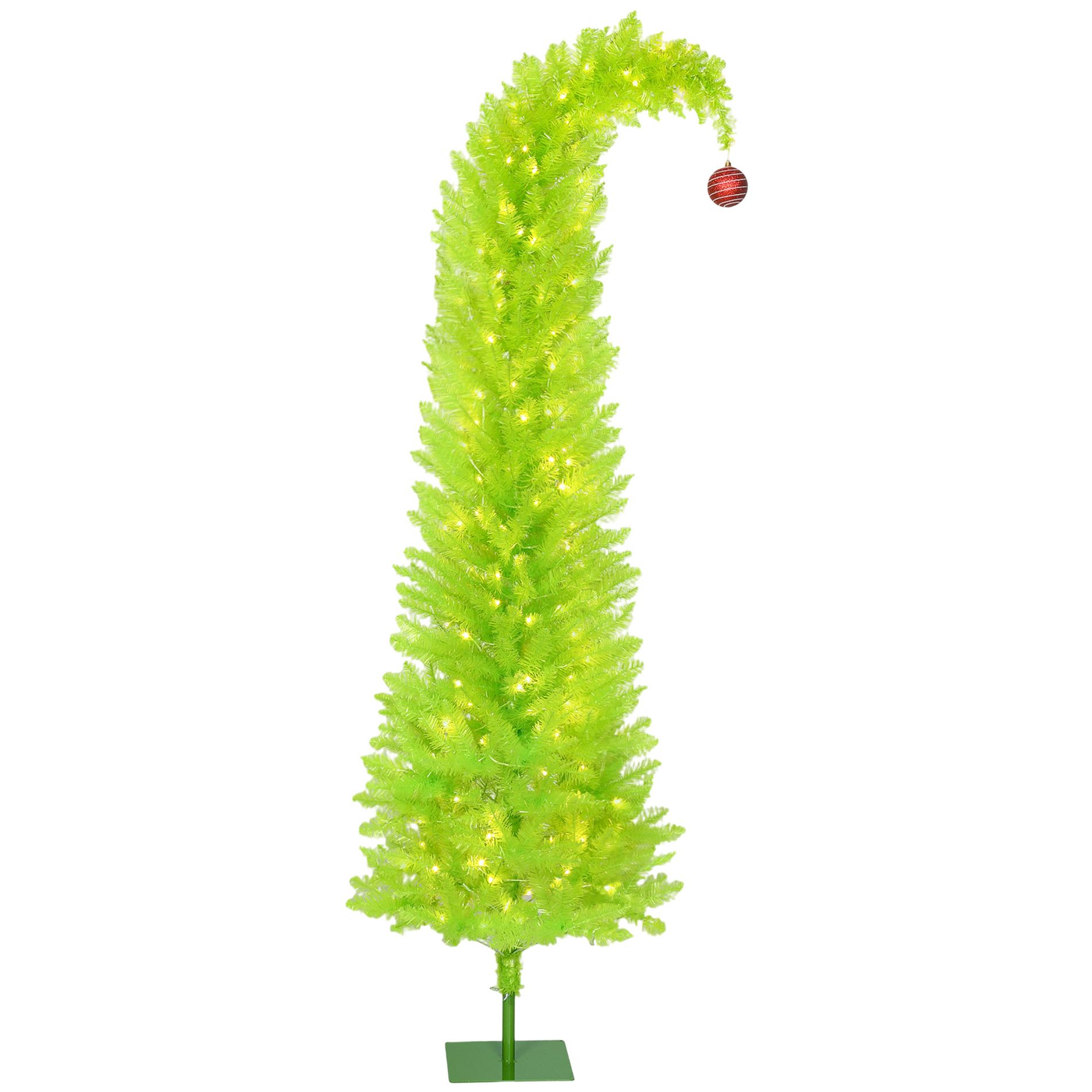HOMCOM 7 ft Whimsical Christmas Tree with Red Ball, Prelit Pencil Artificial Xmas Tree with 250 LED Lights, Metal Base, Easy Assembly, Green