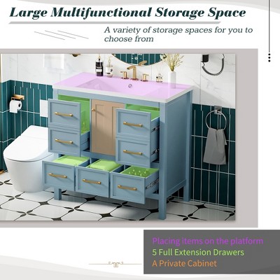 36'' Blue Freestanding Bathroom Vanity with Resin Sink and Drawers