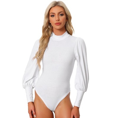 Allegra K Women's Mock Neck Puff Sleeve Long Sleeves T Shirts Tops  Bodysuits White Small