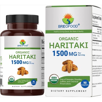 Brieofood Organic Haritaki 1500mg, 45 Servings, Vegetarian, Gluten Free, 90 Vegetarian Tablets