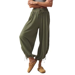 Women's Slimming Drawstring Tie - Waist Casual Loose 3/4 Pants, Comfy Elastic Waist Cropped Harem Pants for Daily Wear - 1 of 4