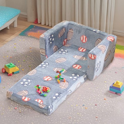 Angel Sar Glow in The Dark Kids Sofa Bed, Grey Blue Ball Pattern Foldable All Sponge Chaise Lounge, Flannel Convertible Bed for Children