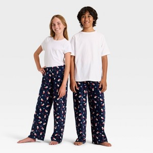 Kids' Santa Print Microfleece Holiday Matching Family Pajama Pants - Wondershop™ Blue - 1 of 3
