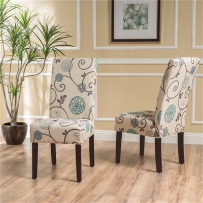 SKRAN Dining Chair Set of 2, Polyester Fabric Armless Chair with Rubber Wood Legs for Dining Room and Kitchen, White And Blue Floral