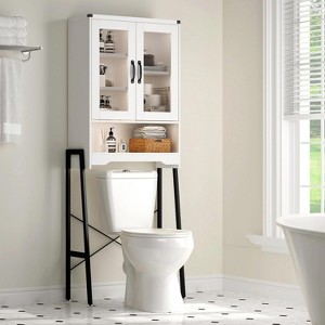 Over The Toilet Storage Cabinet with Tempered Glass Doors & Metal Stand