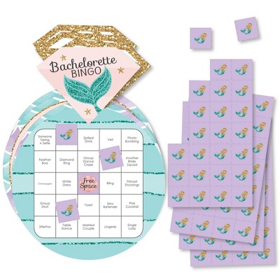Big Dot of Happiness Trading the Tail for a Veil - Bar Bingo Cards and Markers - Mermaid Bachelorette or Bridal Shower Shaped Bingo Game - Set of 18