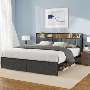 NicBex Full/King Size Bed Frame with LED Lights,Charging Station and 2 Drawers,Upholstered Headboard with Storage Shelf,Gray - 1 of 4