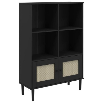 vidaXL SENJA Solid Pine Wood Bookcase - Black, Rattan Look Surface, Ample Storage Space