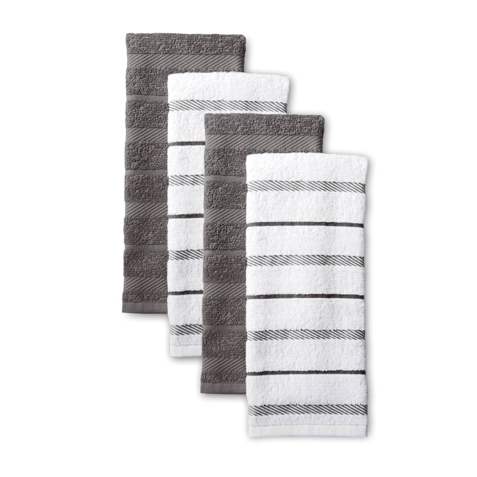 KitchenAid 4pk Cotton Albany Kitchen Towels Gray: Stripe Pattern, Kitchen Hand Towels, Machine Washable, 26"x16"