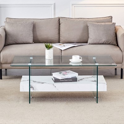 Infurnic Patio End Tables Modern Style Rectangular Dining Table, Glass Table Top, Suitable for Small Space, Apartment, Studio,  White,
