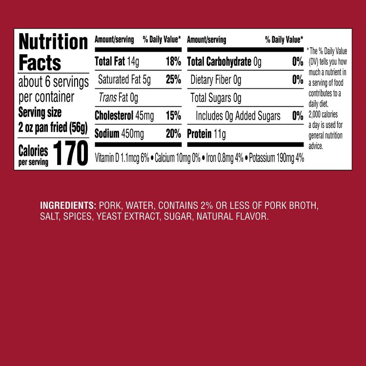 Nutrition label showing calories, fat, cholesterol, sodium, protein, and ingredients including pork, water, salt, spices, yeast extract, sugar, and natural flavor.