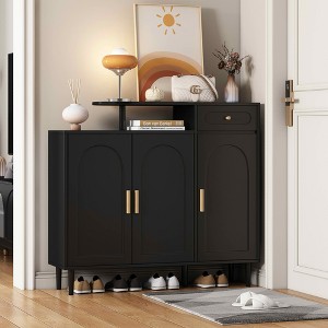 MAYEERTY Elegant Cream Style Shoe Cabinet, Arched Doors Drawer Adjustable Shelves Solid Wood Legs, Black - 1 of 4