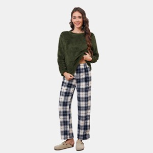 Women's Pink Fuzzy Knit Sweater & Plaid Pants Pajama Set - Cupshe - 1 of 4