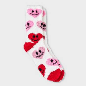 Women's Smiley Hearts Valentine's Day Cozy Crew Socks - Red/White/Pink 4-10