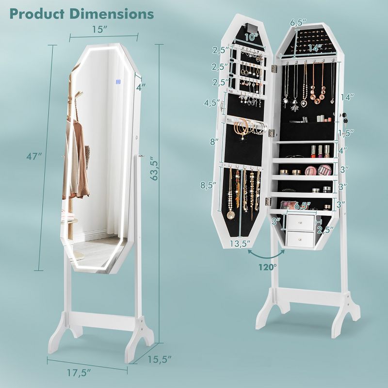 Costway Standing Jewelry Cabinet Armoire Organizer LED Light Mirror Lockable White, 4 of 11