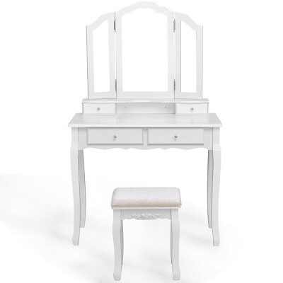 Tangkula Removable Tri-folding Mirror Vanity Table Unit Makeup Set w/ Stool & 4 Drawers