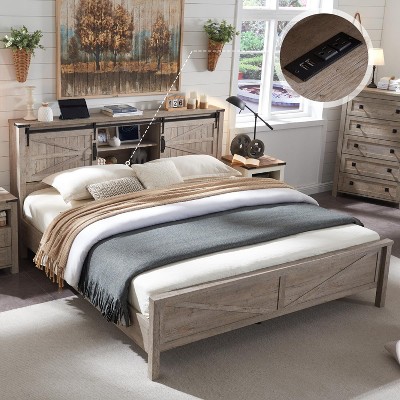 SinCiDo Farmhouse Bed Frame,w/Charging Station, Storage Bookcase Headboard,Sliding Barn Door,No Box Spring Needed, w/Wood Slats Support