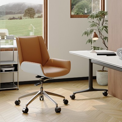 Tree City- Mid-Century Modern Swivel Office Chair with Walnut Bent Wood Back and Faux Leather Seat – Adjustable Height & Rolling Base