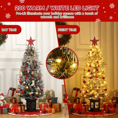 4.5ft Green Snow Flocked Potted Christmas Tree with LED Lights