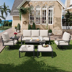 EROMMY 7 PCS Outdoor Metal Conversation Set With 360° Swivel Rocking Chairs, Sofa, Coffee Table&Ottoman For Patio, Garden, Deck Or Poolside - 1 of 4
