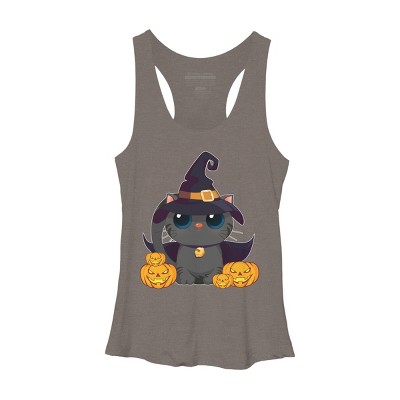 Women's Design By Humans Black Cat With Jack O Lantern Halloween Shirt By thebeardstudio Racerback Tank Top