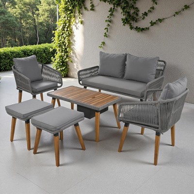 6-Piece Outdoor Patio Rope Conversation Sofa Set with Acacia Wood Cool Bar Table and 2 Stools