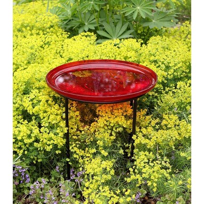 Red Crackle Hand-Blown Glass Hanging Birdbath Bowl